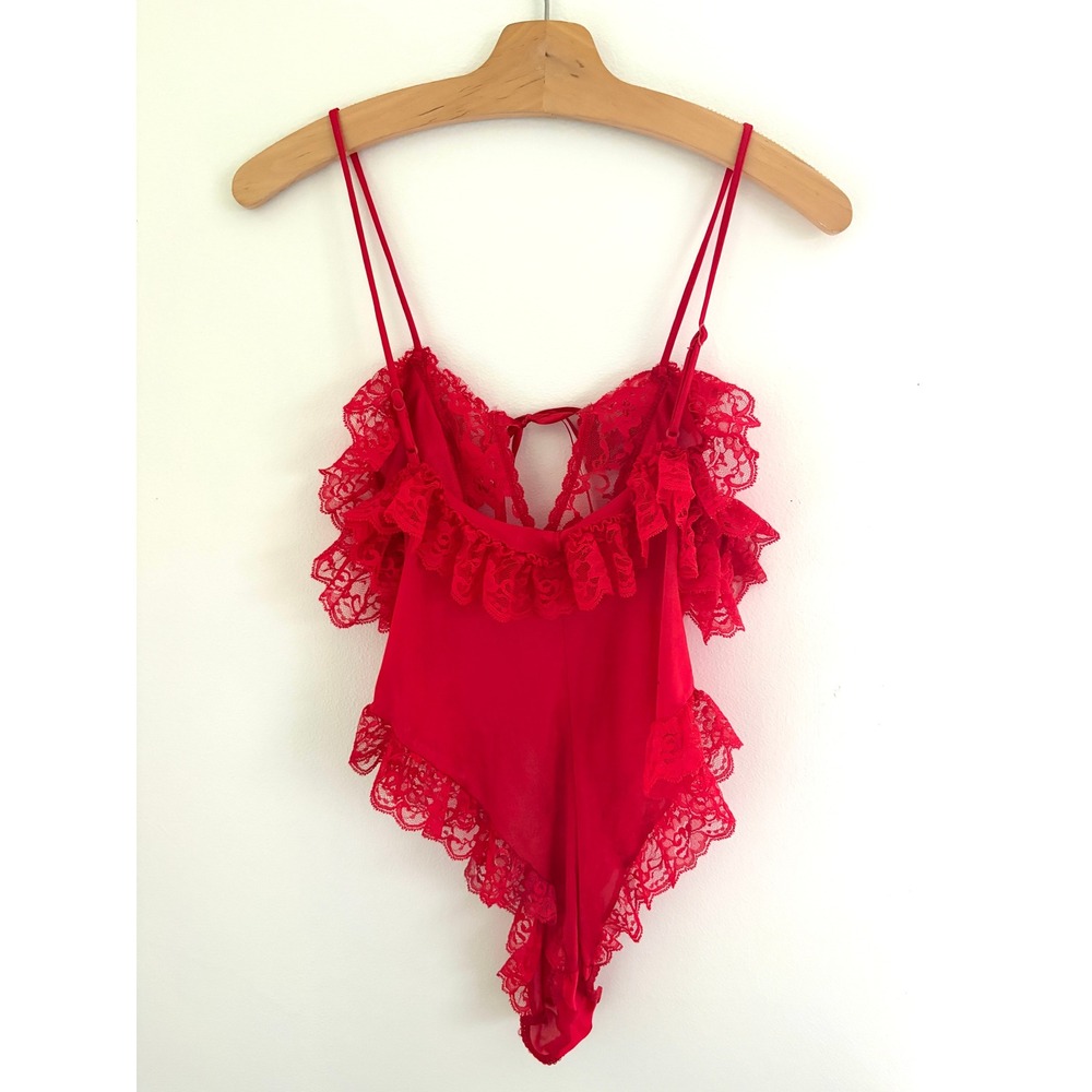 Vintage 80s Coquette Red Lace Ruffle Lingerie Bodysuit Teddy M - Picture 4 of 5